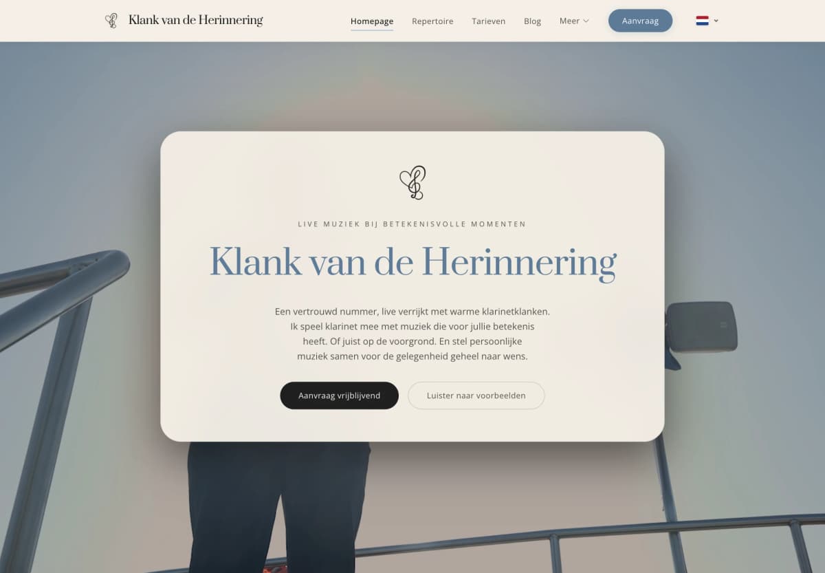 Website van ceremonieel muzikant Klank van de Herinnering, gemaakt door Keicode