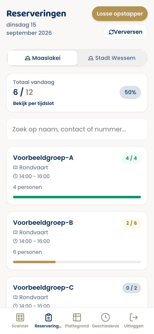 Het mobiele reserveringenoverzicht van de QR-app met voorbeeldgroepen